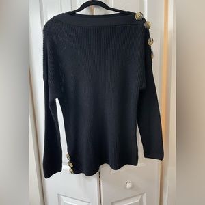 Lascana black sweater with tortoise colored buttons.